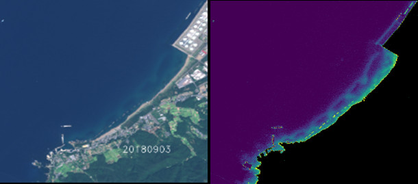 図2. 左:Sentinel-2光学衛星画像、右:水深推定結果